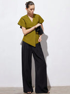 Elegant Minimalist Design V-Neck Textured Fabric Asymmetrical Hem Cap Sleeve Jacket With Decorative Buttons