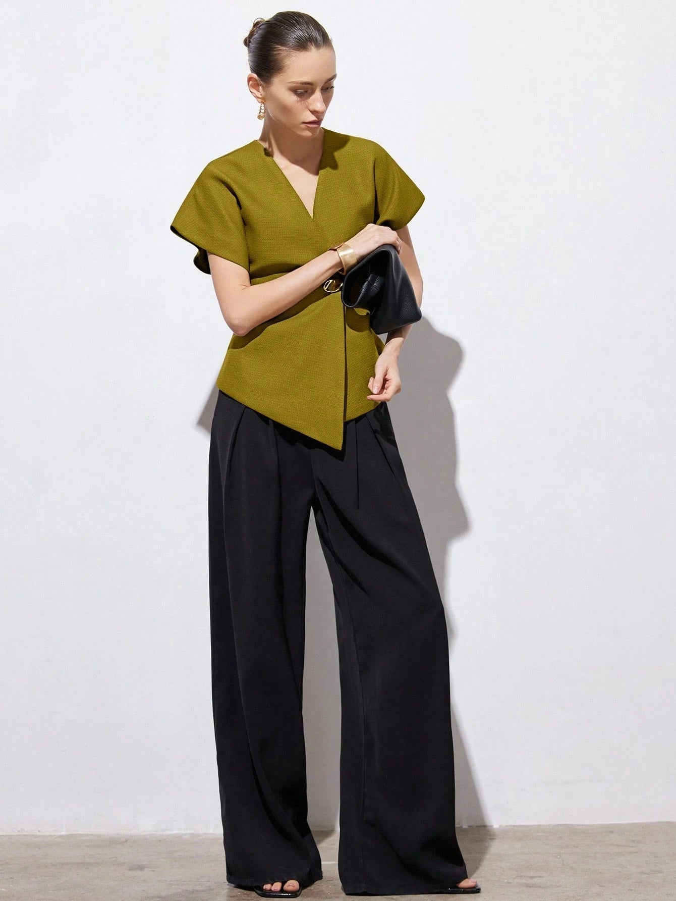 Elegant Minimalist Design V-Neck Textured Fabric Asymmetrical Hem Cap Sleeve Jacket With Decorative Buttons