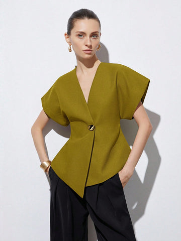 Elegant Minimalist Design V-Neck Textured Fabric Asymmetrical Hem Cap Sleeve Jacket With Decorative Buttons