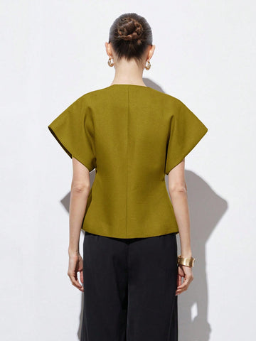 Elegant Minimalist Design V-Neck Textured Fabric Asymmetrical Hem Cap Sleeve Jacket With Decorative Buttons