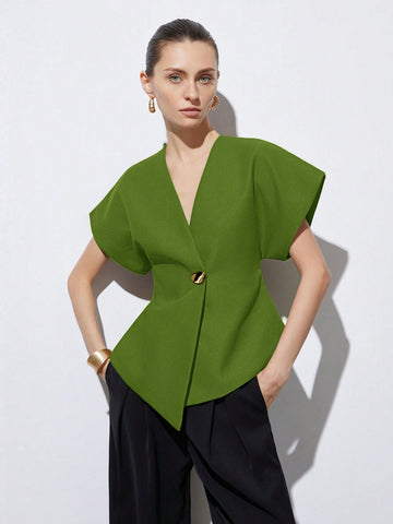 Elegant Minimalist Design V-Neck Textured Fabric Asymmetrical Hem Cap Sleeve Jacket With Decorative Buttons