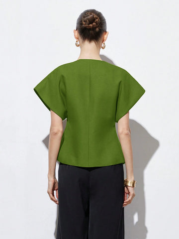 Elegant Minimalist Design V-Neck Textured Fabric Asymmetrical Hem Cap Sleeve Jacket With Decorative Buttons