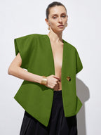 Elegant Minimalist Design V-Neck Textured Fabric Asymmetrical Hem Cap Sleeve Jacket With Decorative Buttons