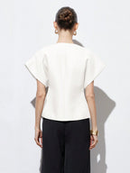 Elegant Minimalist Design V-Neck Textured Fabric Asymmetrical Hem Cap Sleeve Jacket With Decorative Buttons