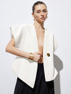 Elegant Minimalist Design V-Neck Textured Fabric Asymmetrical Hem Cap Sleeve Jacket With Decorative Buttons