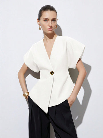 Elegant Minimalist Design V-Neck Textured Fabric Asymmetrical Hem Cap Sleeve Jacket With Decorative Buttons