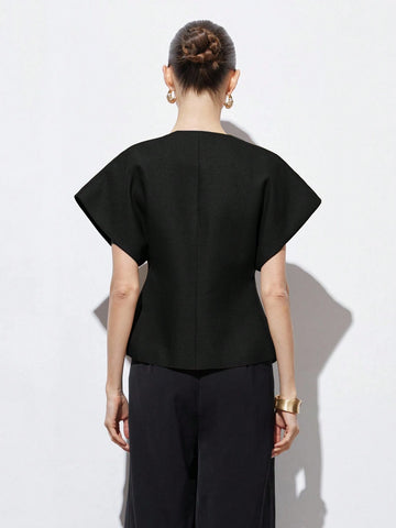 Elegant Minimalist Design V-Neck Asymmetrical Hem Cap Sleeve Jacket With Decorative Buttons