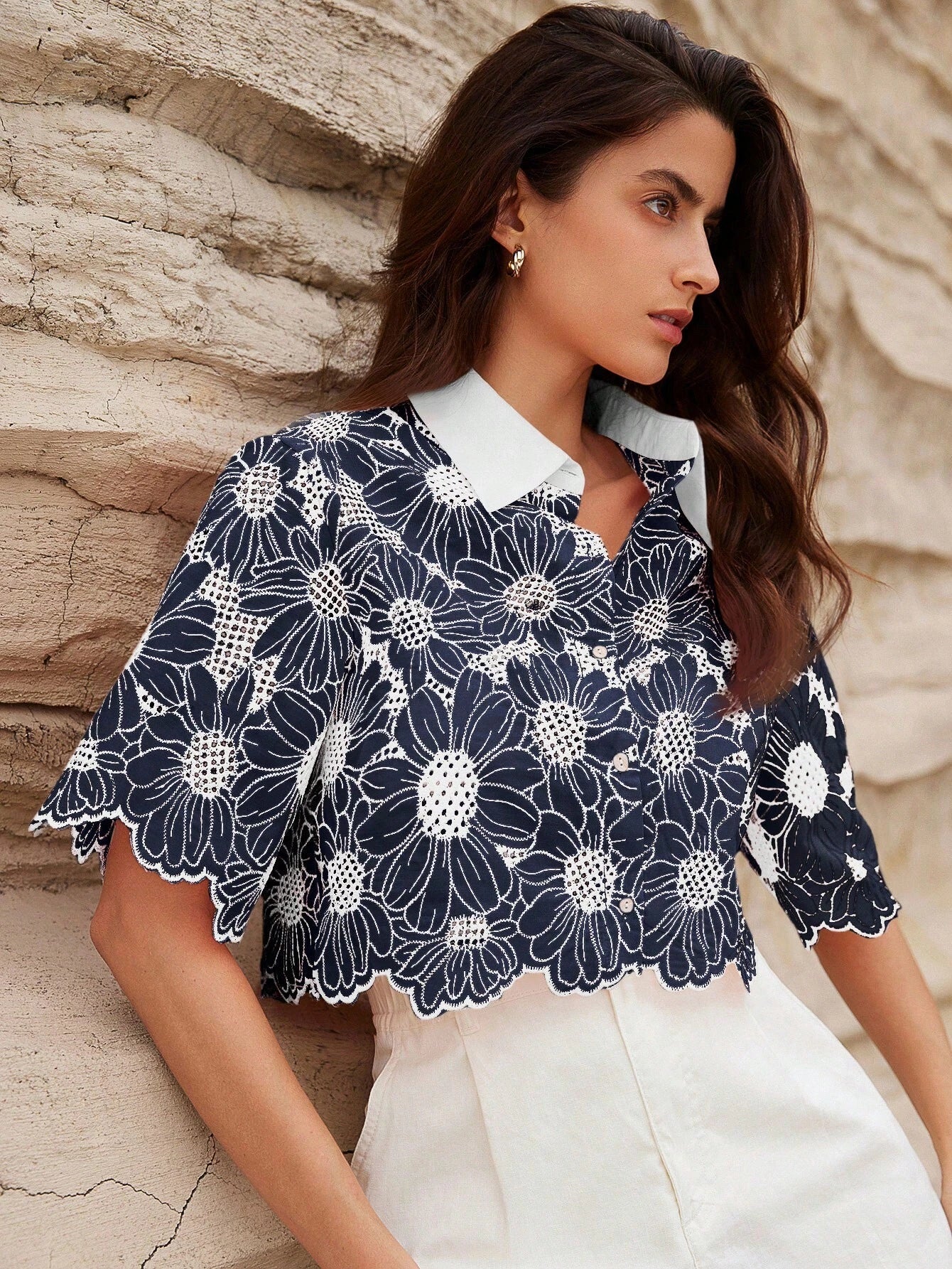 Rosie Random Elegant Daisy Embroidery Hollow Out Shirt shein