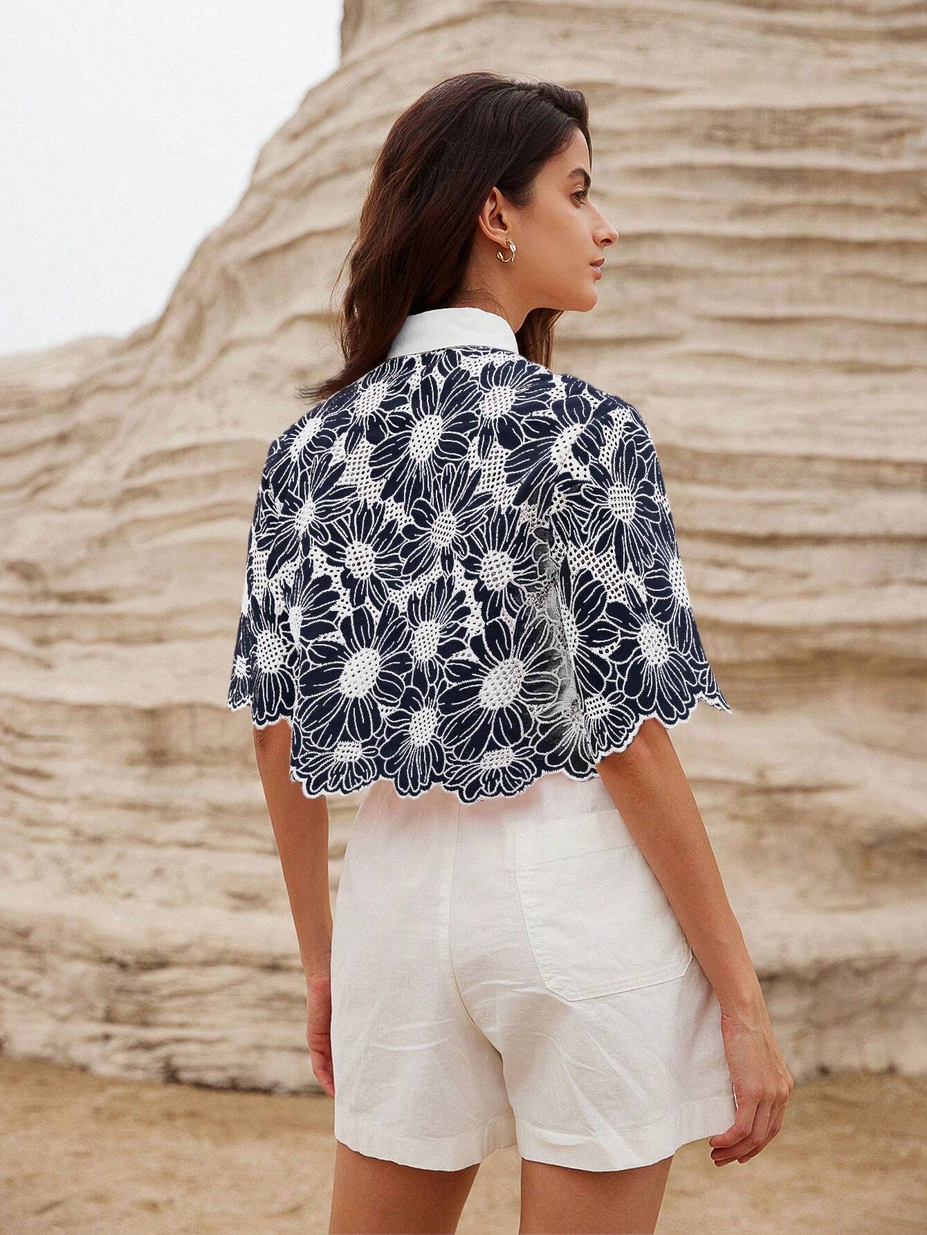 Rosie Random Elegant Daisy Embroidery Hollow Out Shirt shein