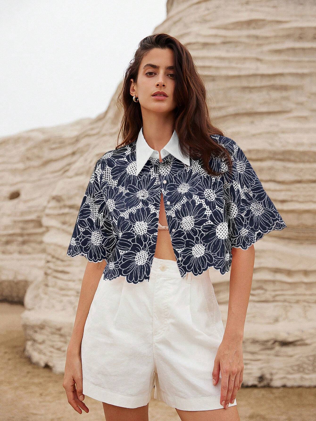 Rosie Random Elegant Daisy Embroidery Hollow Out Shirt shein