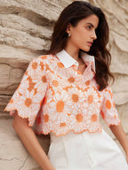 Rosie Random Elegant Daisy Embroidery Hollow Out Shirt shein