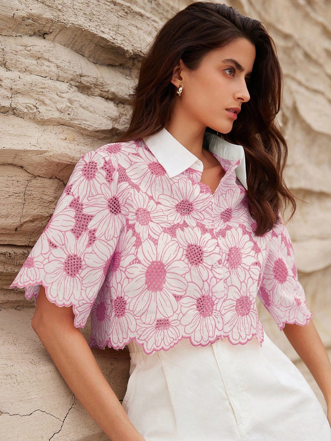 Rosie Random Elegant Daisy Embroidery Hollow Out Shirt shein
