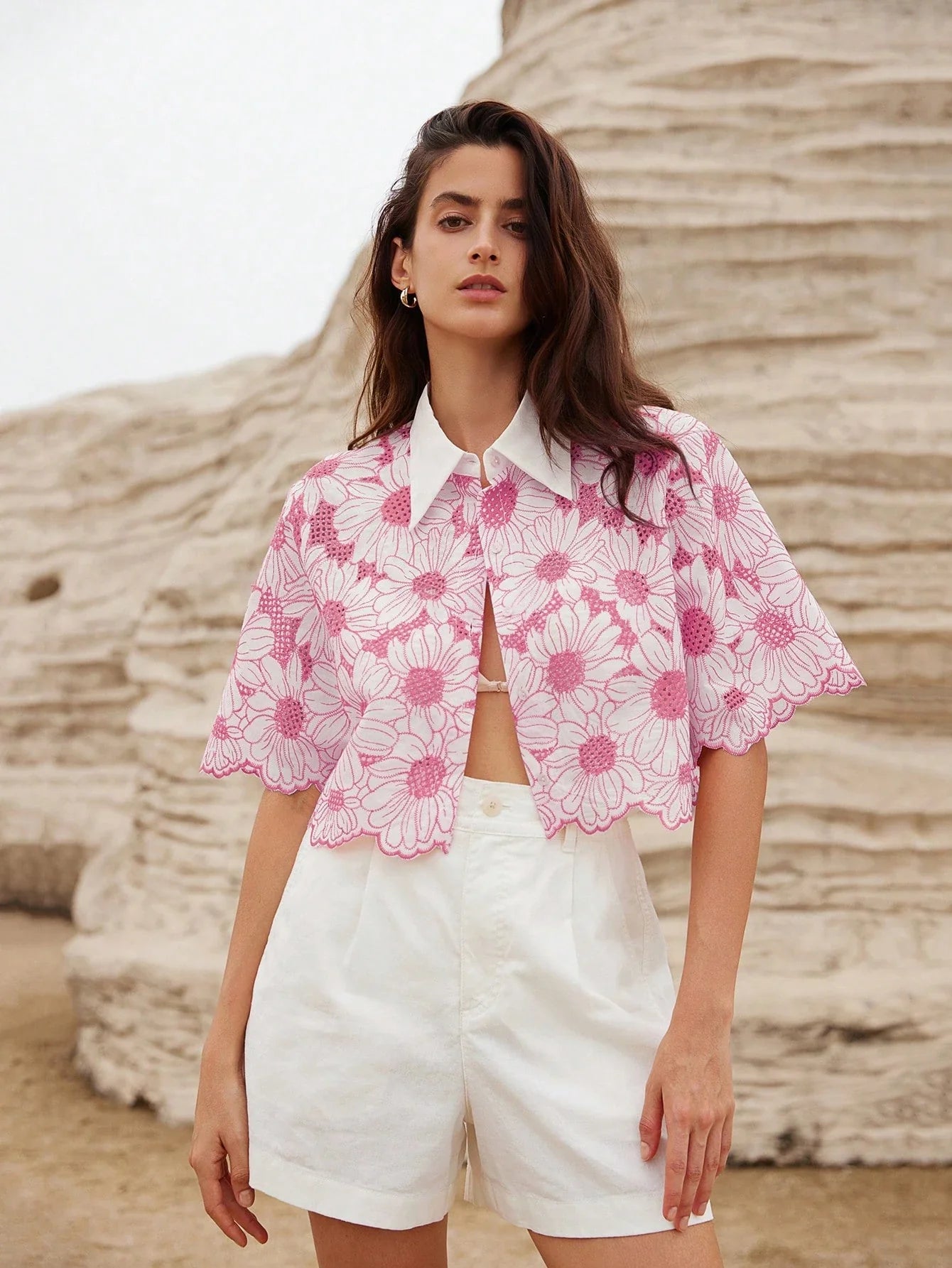 Rosie Random Elegant Daisy Embroidery Hollow Out Shirt shein