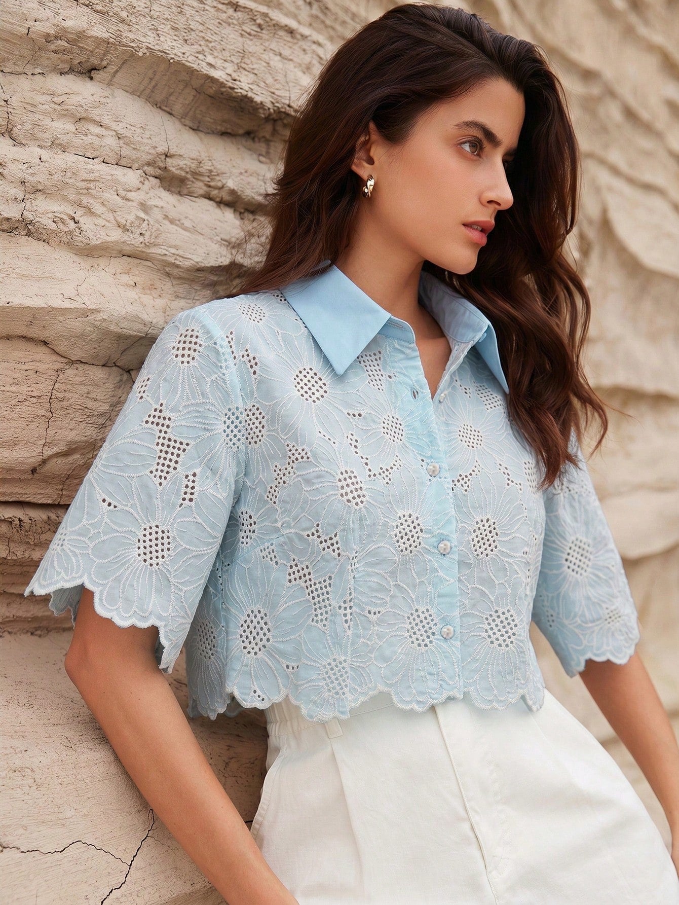 Rosie Random Elegant Daisy Embroidery Hollow Out Shirt shein