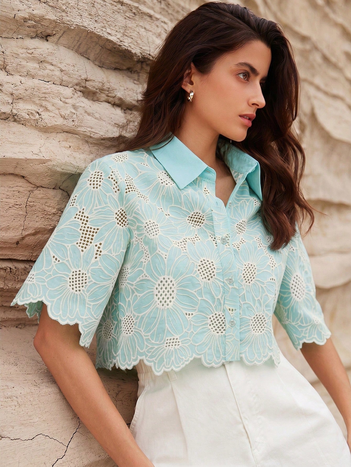 Rosie Random Elegant Daisy Embroidery Hollow Out Shirt shein