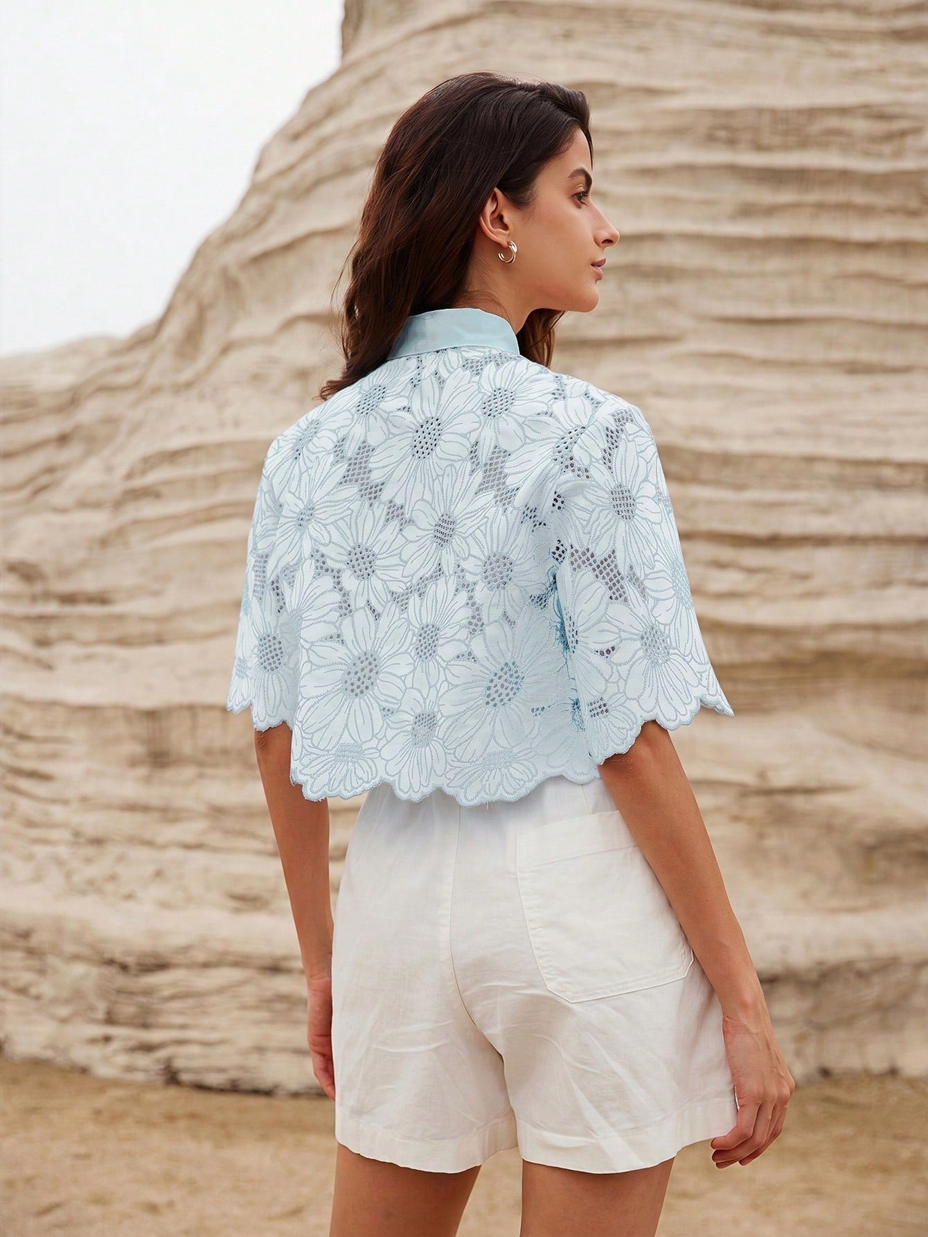 Rosie Random Elegant Daisy Embroidery Hollow Out Shirt shein