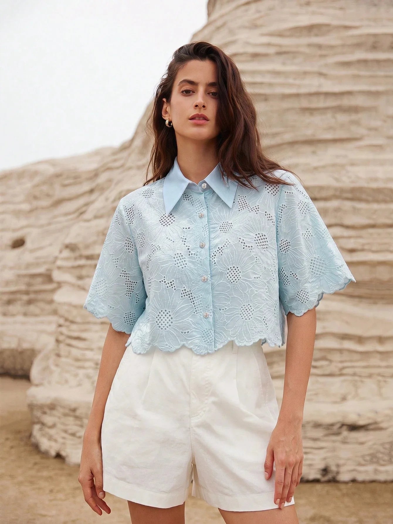 Rosie Random Elegant Daisy Embroidery Hollow Out Shirt shein