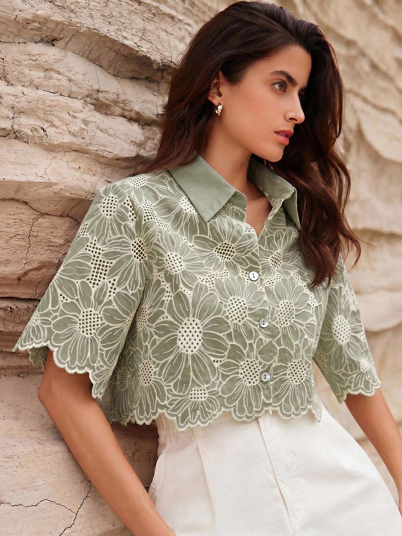 Rosie Random Elegant Daisy Embroidery Hollow Out Shirt shein