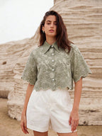 Rosie Random Elegant Daisy Embroidery Hollow Out Shirt shein