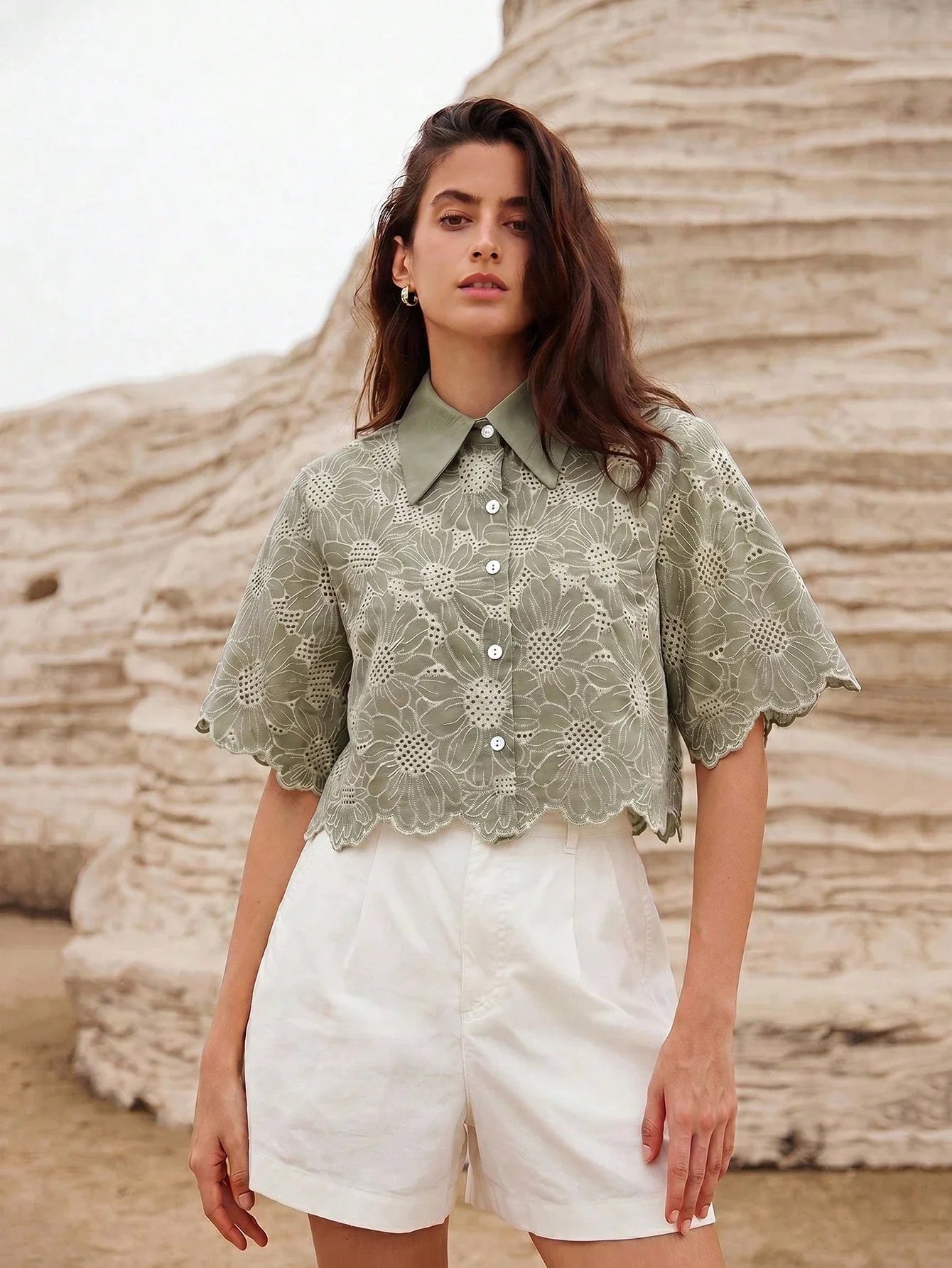 Rosie Random Elegant Daisy Embroidery Hollow Out Shirt shein