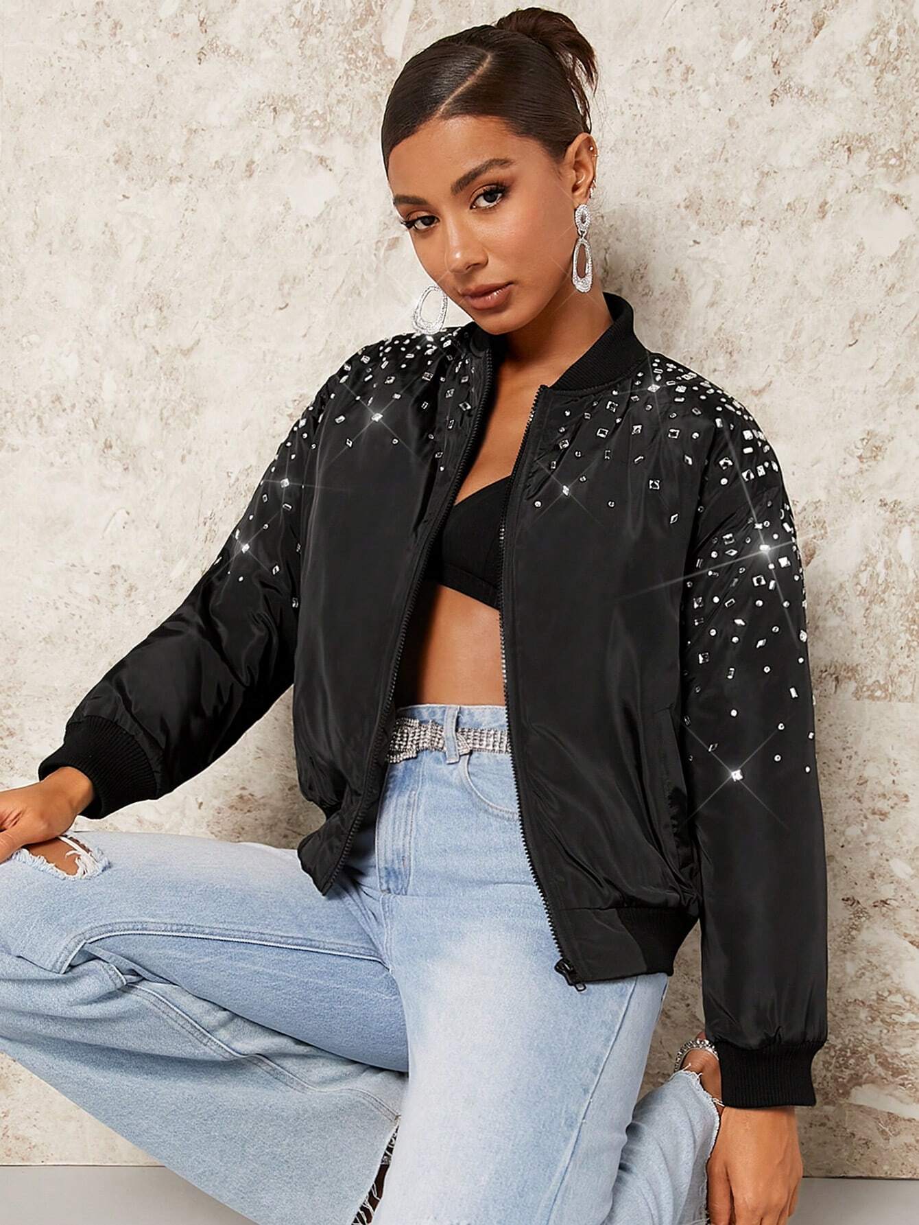 BAE Beaded Black Jacket Outfit For New Year's Eve Party shein