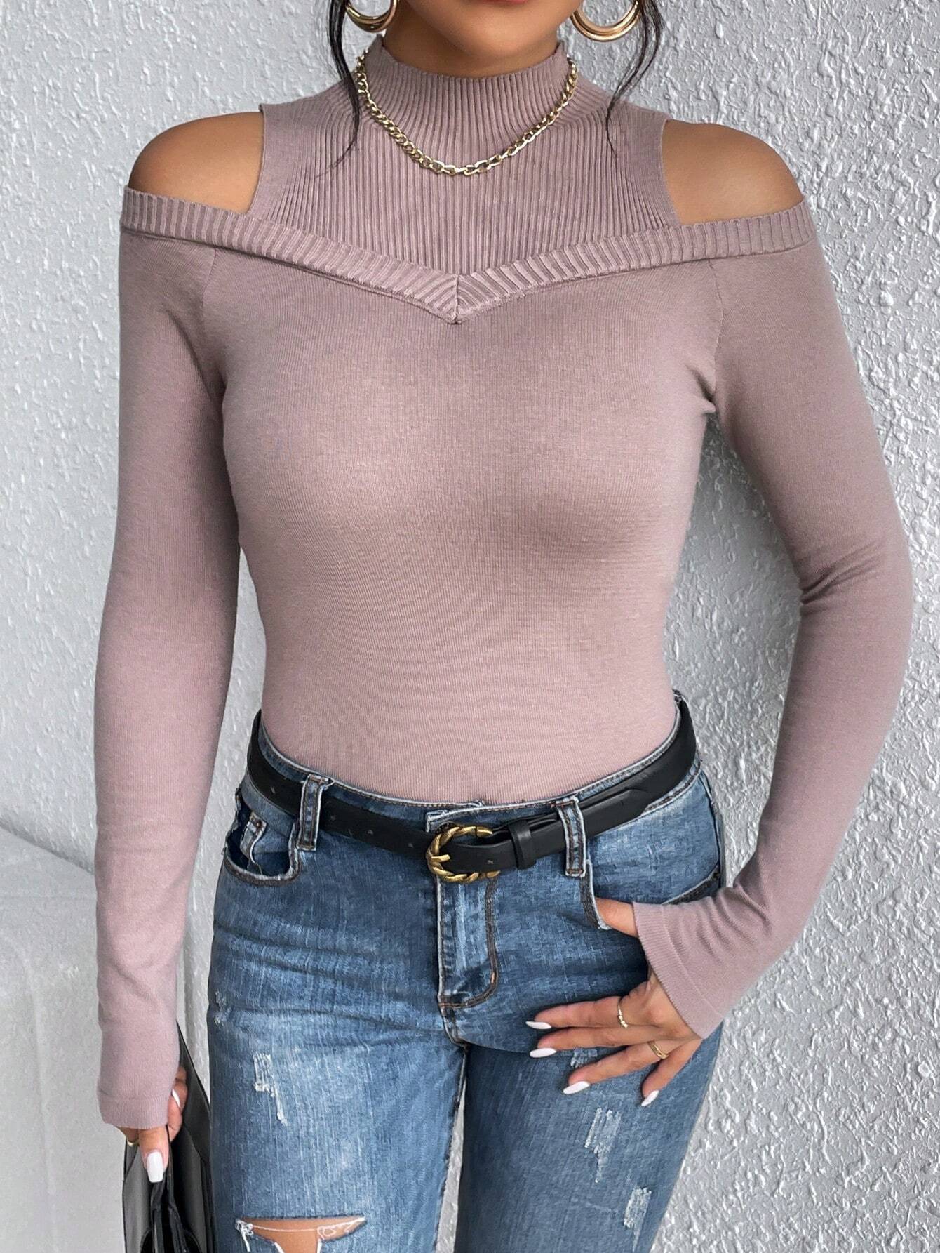 BAE Cold Shoulder Slim Sweater shein