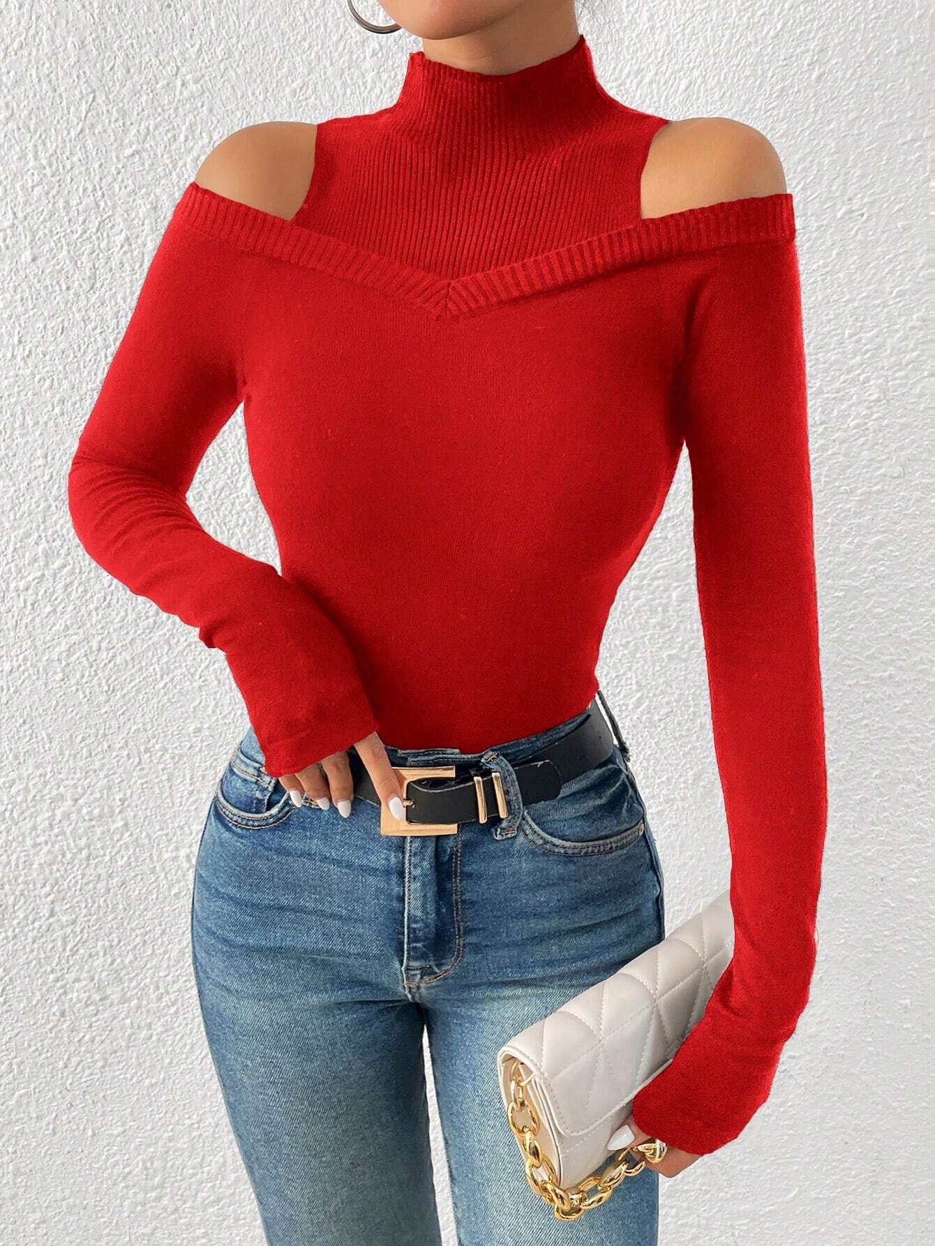 BAE Cold Shoulder Slim Sweater shein