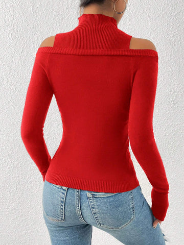 BAE Cold Shoulder Slim Sweater shein