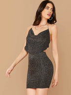 BAE Cowl Neck Backless Glitter Top And Bodycon Skirt Set shein
