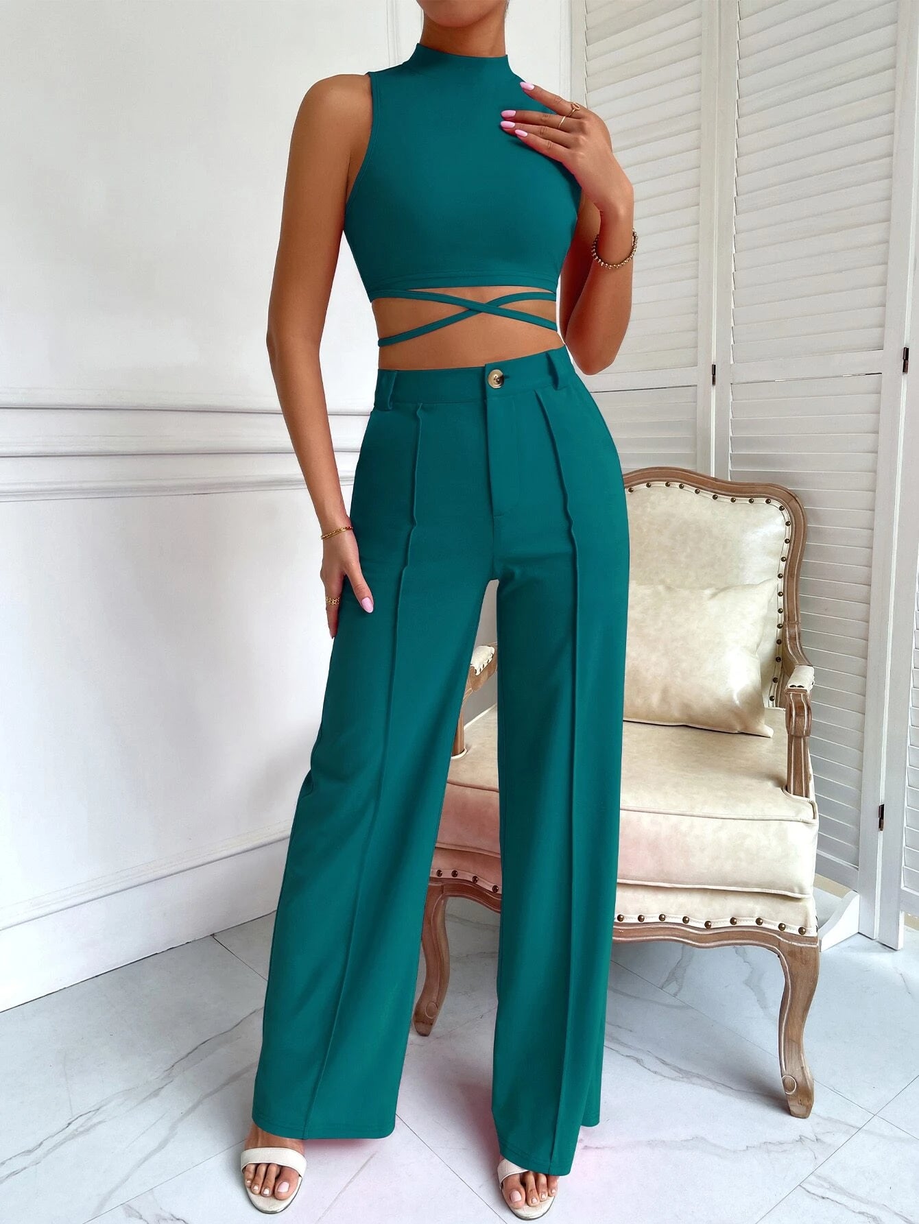 BAE Criss Cross Mock Neck Top & Seam Front Pants shein