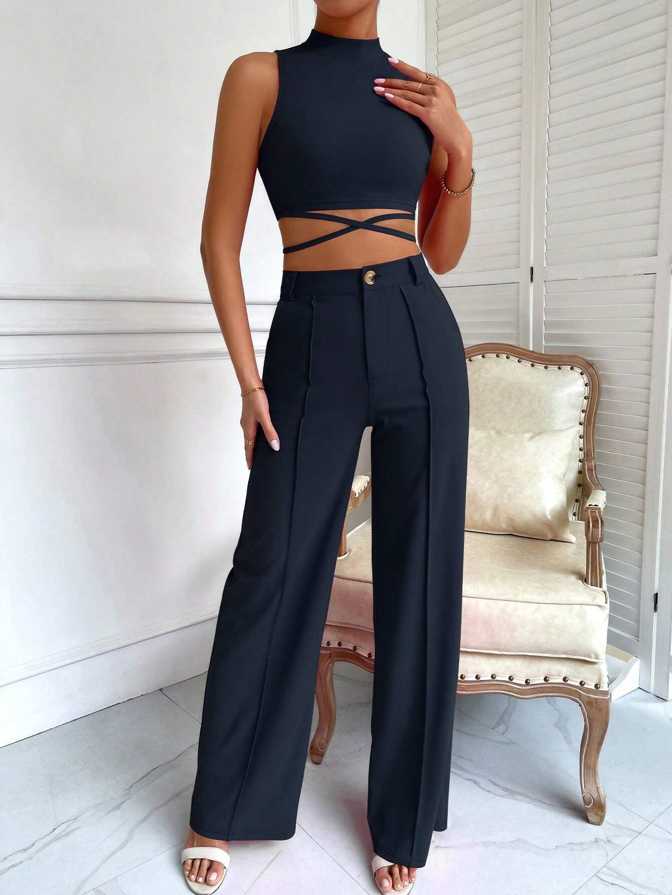 BAE Criss Cross Mock Neck Top & Seam Front Pants shein