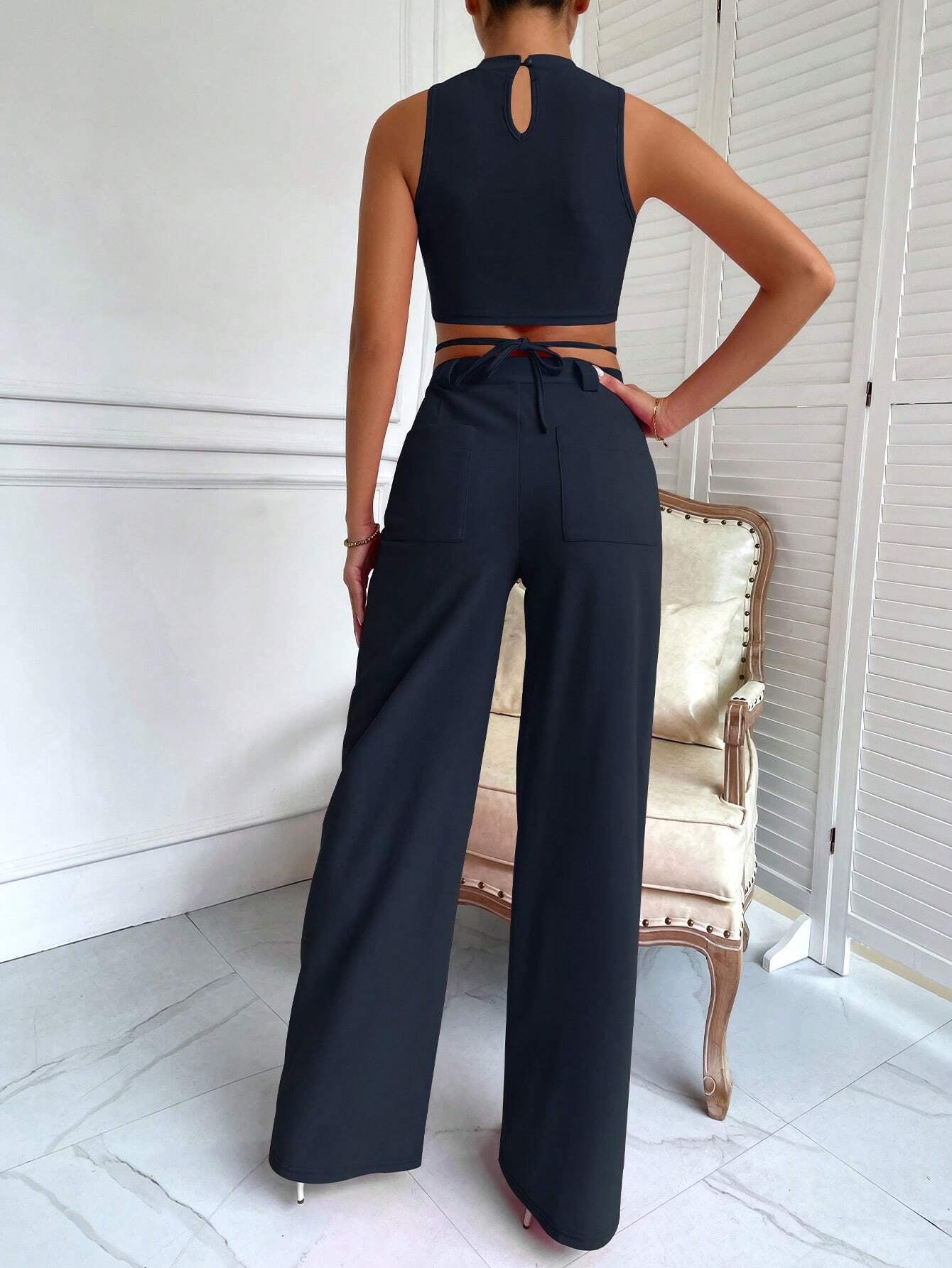 BAE Criss Cross Mock Neck Top & Seam Front Pants shein