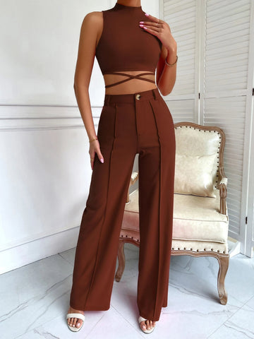 BAE Criss Cross Mock Neck Top & Seam Front Pants shein