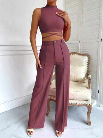 BAE Criss Cross Mock Neck Top & Seam Front Pants shein