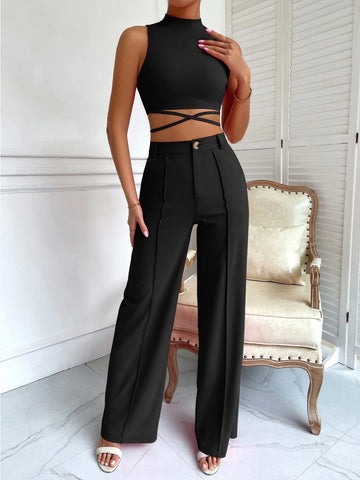 BAE Criss Cross Mock Neck Top & Seam Front Pants shein