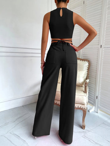 BAE Criss Cross Mock Neck Top & Seam Front Pants shein