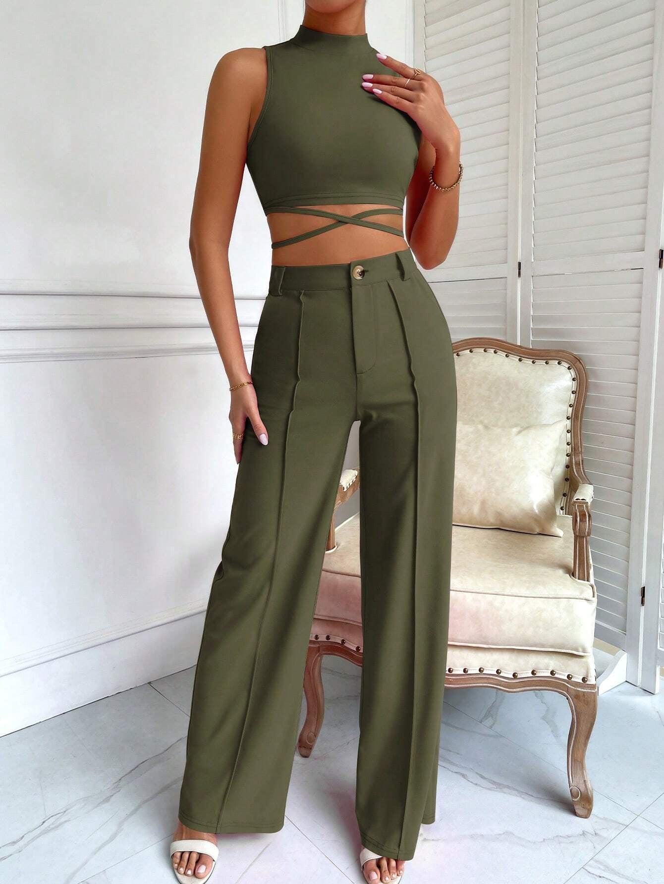 BAE Criss Cross Mock Neck Top & Seam Front Pants shein