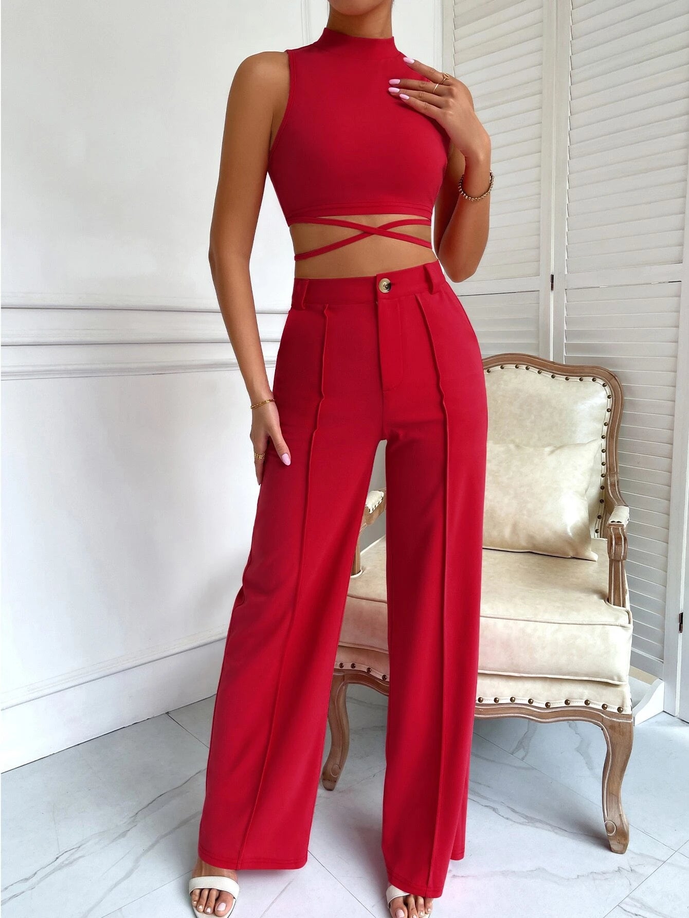 BAE Criss Cross Mock Neck Top & Seam Front Pants shein