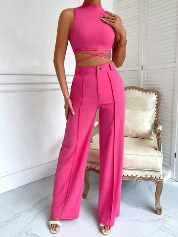 BAE Criss Cross Mock Neck Top & Seam Front Pants shein