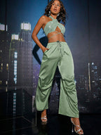 BAE Crisscross Tie Backless Halter Top & Drawstring Waist Pants shein