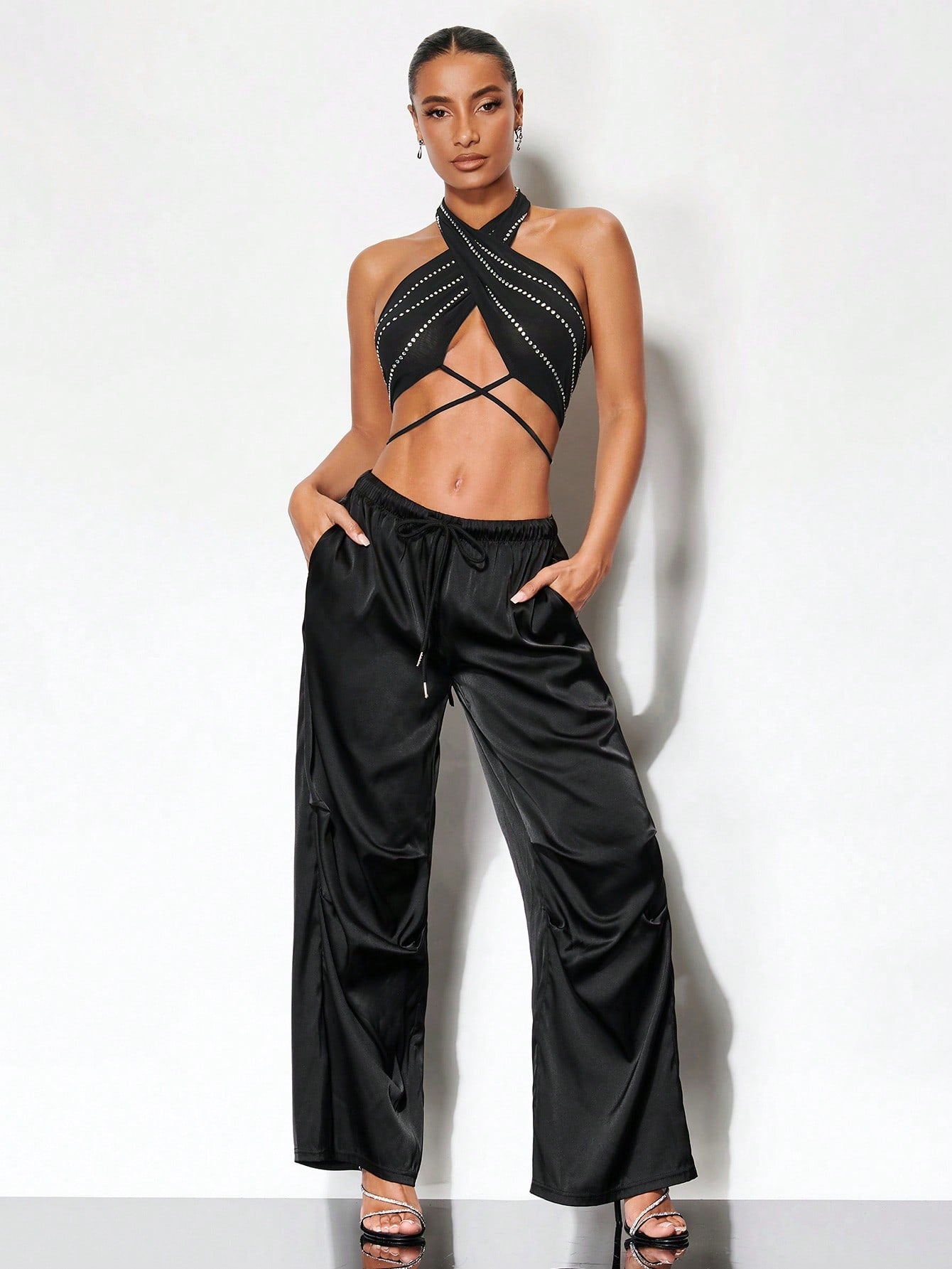 BAE Crisscross Tie Backless Halter Top & Drawstring Waist Pants shein