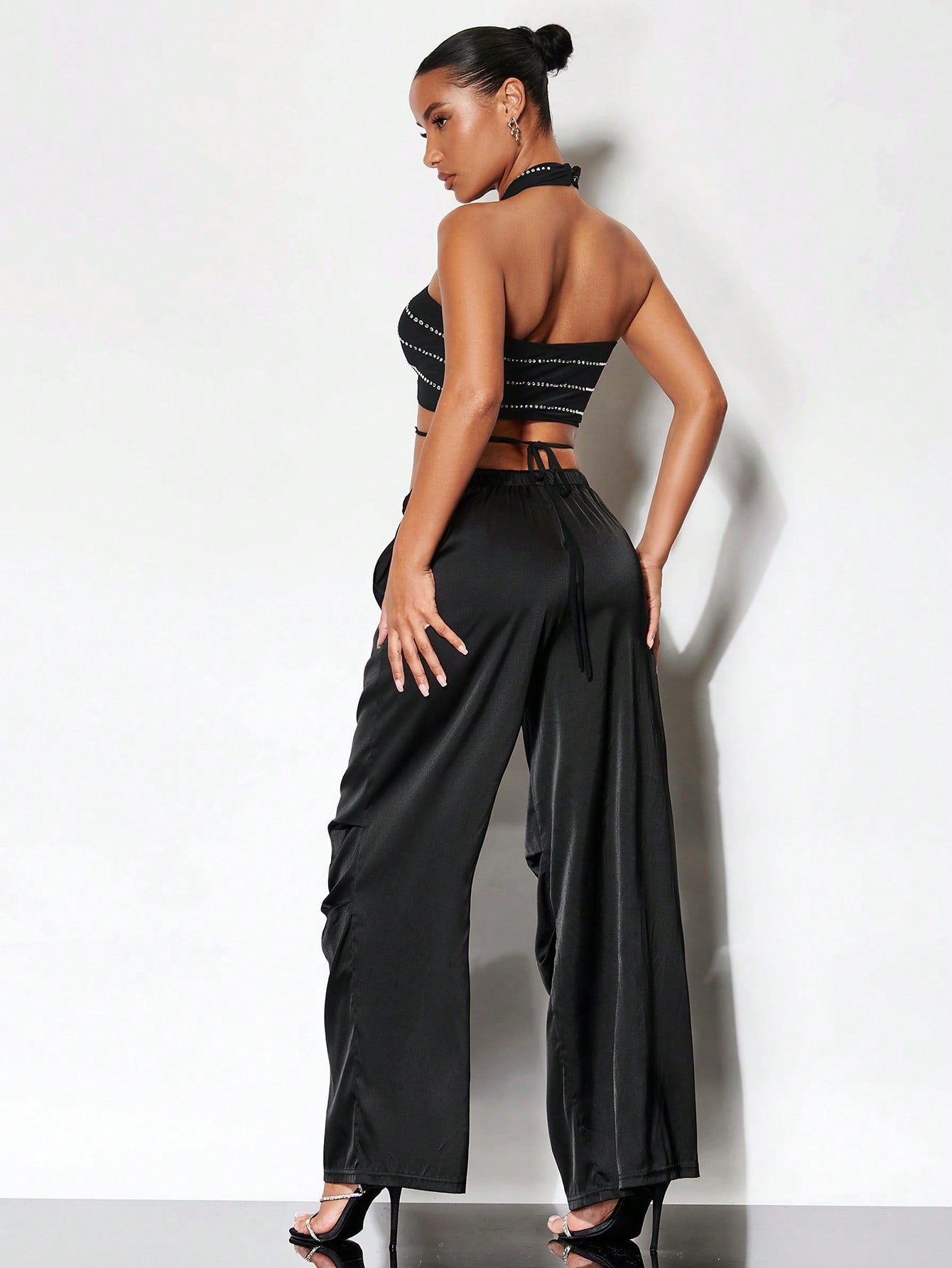 BAE Crisscross Tie Backless Halter Top & Drawstring Waist Pants shein
