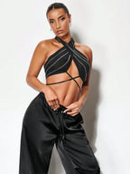 BAE Crisscross Tie Backless Halter Top & Drawstring Waist Pants shein