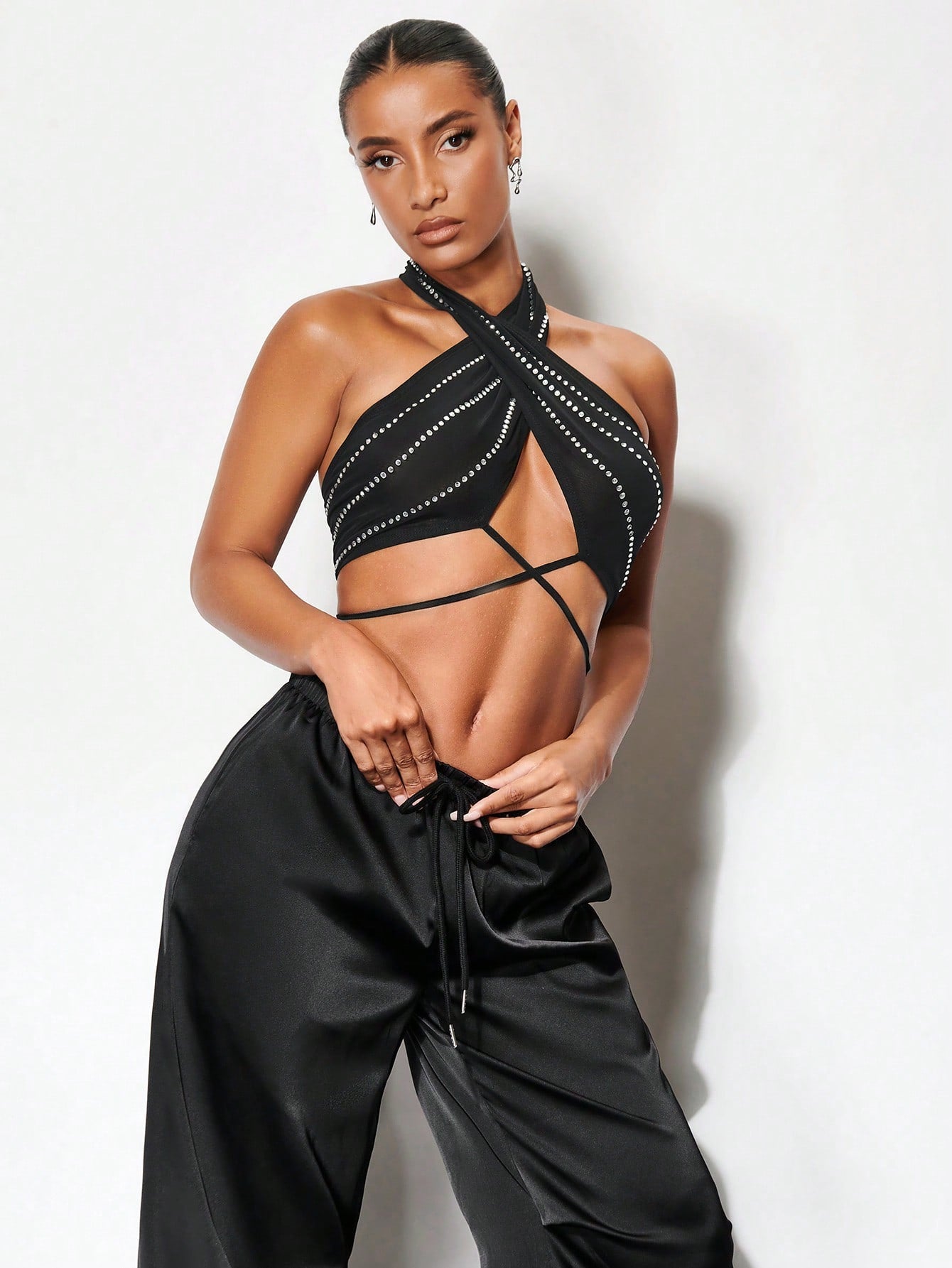 BAE Crisscross Tie Backless Halter Top & Drawstring Waist Pants shein