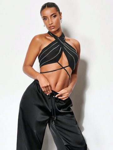 BAE Crisscross Tie Backless Halter Top & Drawstring Waist Pants shein