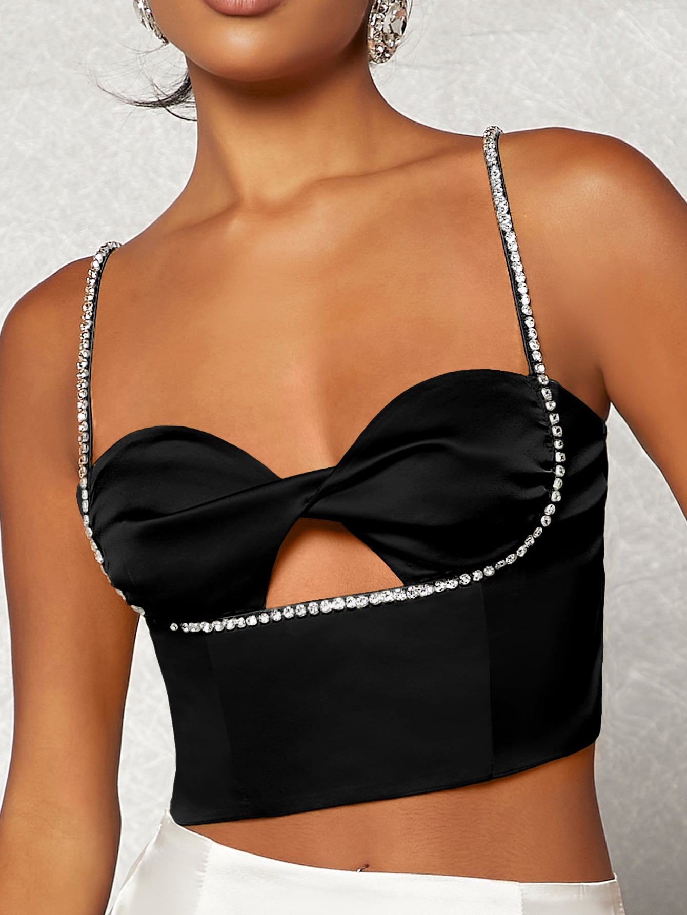 BAE Cut Out Rhinestone Chain Strap Twist Front Satin Cami Top shein