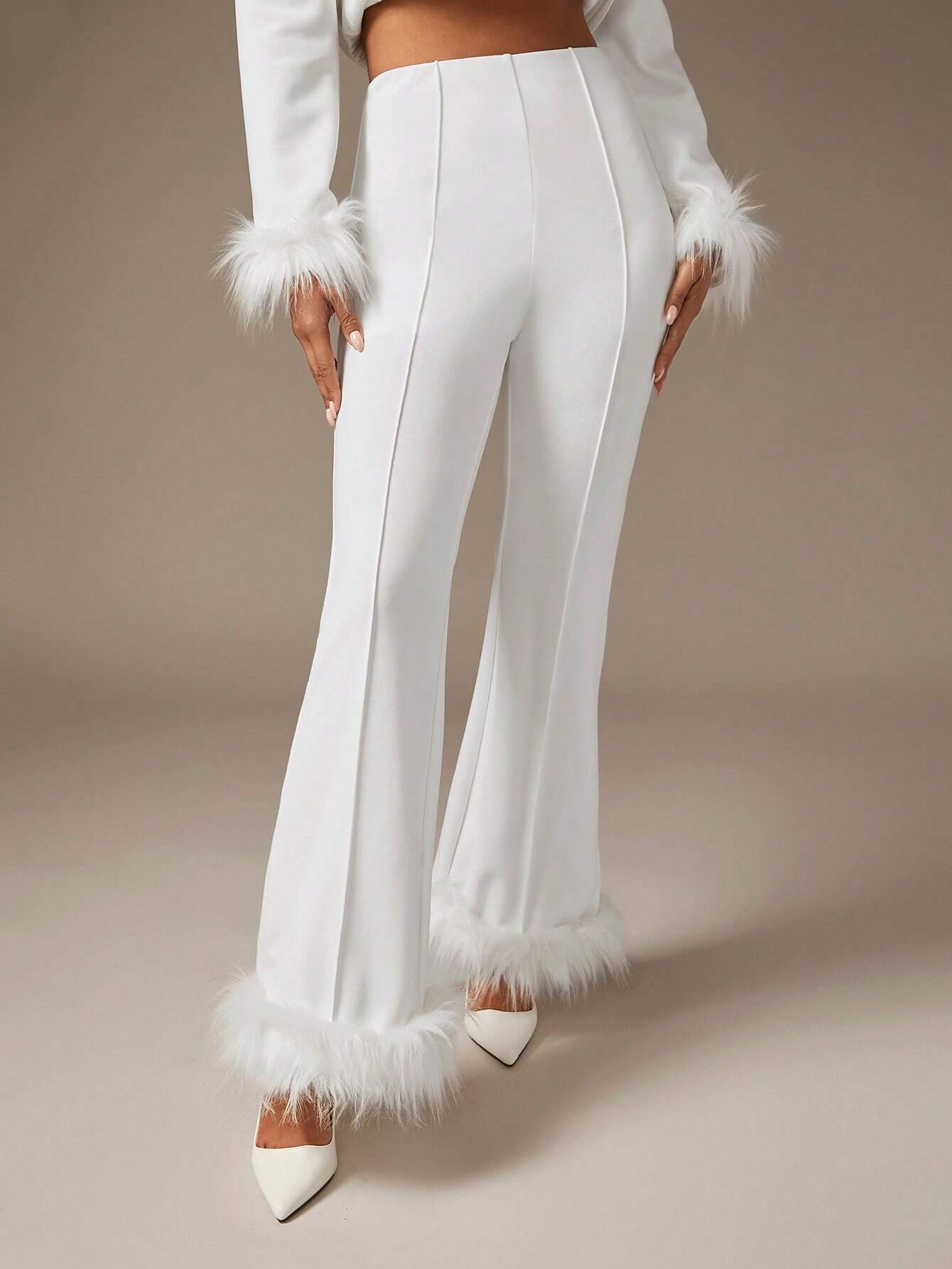 BAE Fuzzy Trim Flare Leg Pants shein