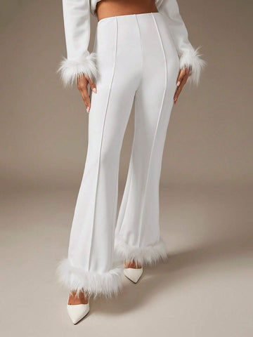 BAE Fuzzy Trim Flare Leg Pants shein