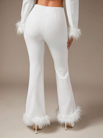 BAE Fuzzy Trim Flare Leg Pants shein