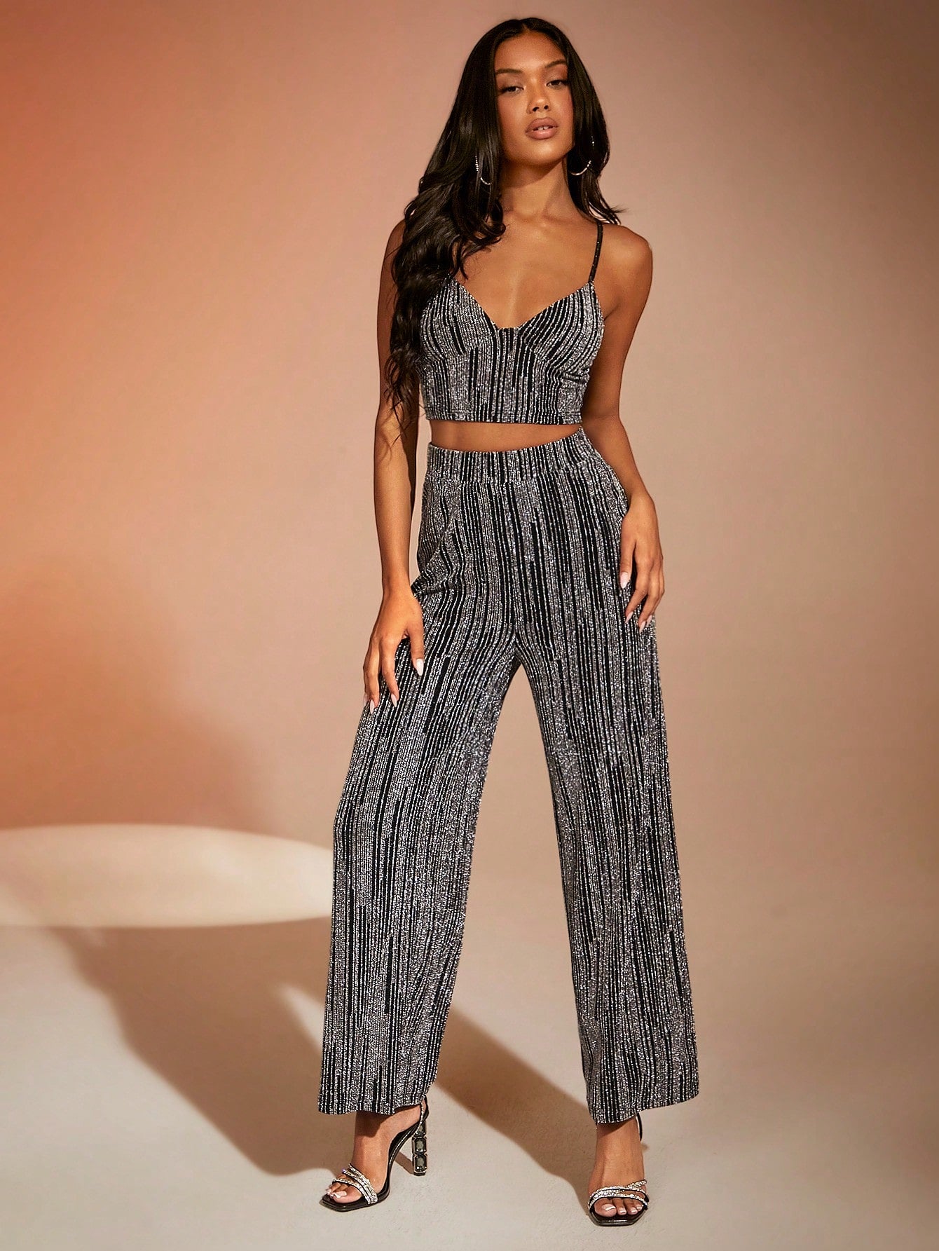 BAE Glitter Crop Cami Top & Wide Leg Pants shein